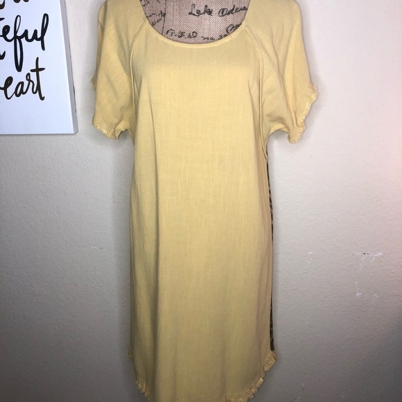Umgee MustardColor with Leopard Print Back Linen Bland Dress with Raw Edges Sz L - Picture 3 of 7